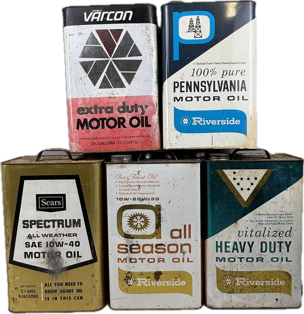 Lot 286: Lot 5 Sears Riverside Varcon 2.5 Gallon Motor Oil Metal Cans