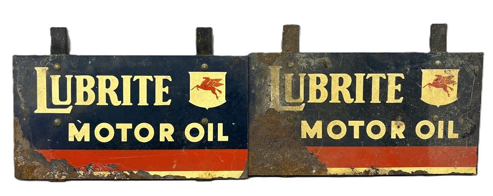 Lot 293: Pair Lubrite Motor Oil 1940s 8 Pack Quart Oil Rack Signs