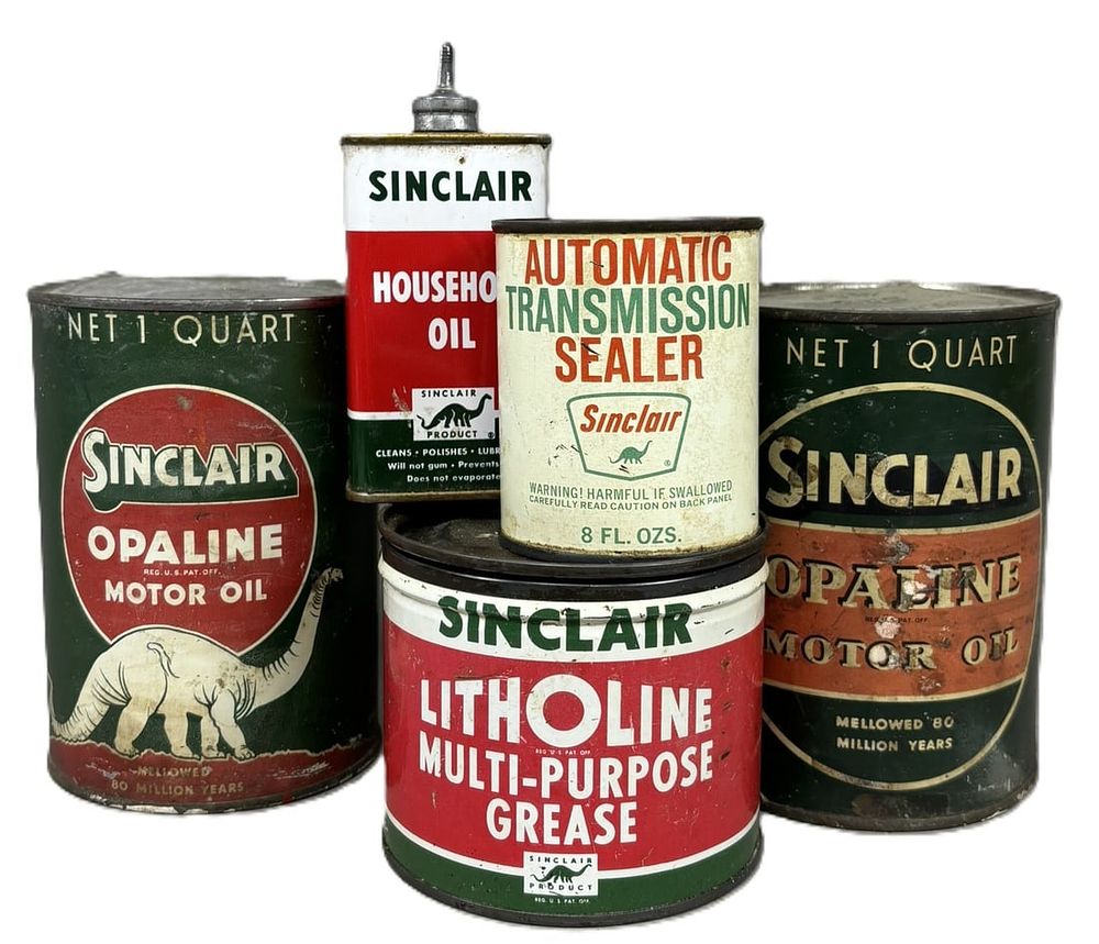 Lot 312: Lot 5 Sinclair Cans: Pair Opaline Quarts, Litholine Grease, Lead Top Oiler & 8oz Sealer