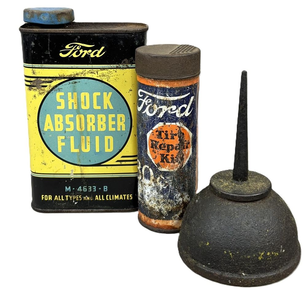 Lot 313: Lot 3 Ford Cans: Shock Absorber Fluid, Tube Repair Kit & Embossed Oiler