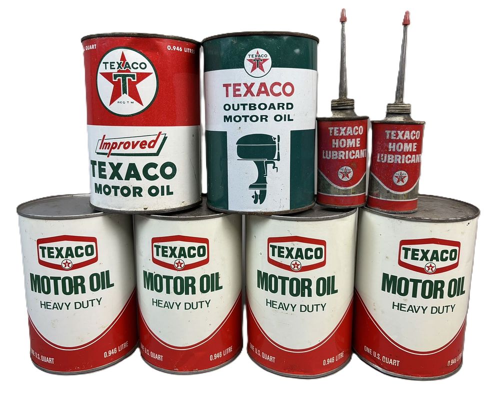Lot 324: Lot 8 Texaco Motor Oil Full Quart Cans & Pair 4oz Handy Oilers