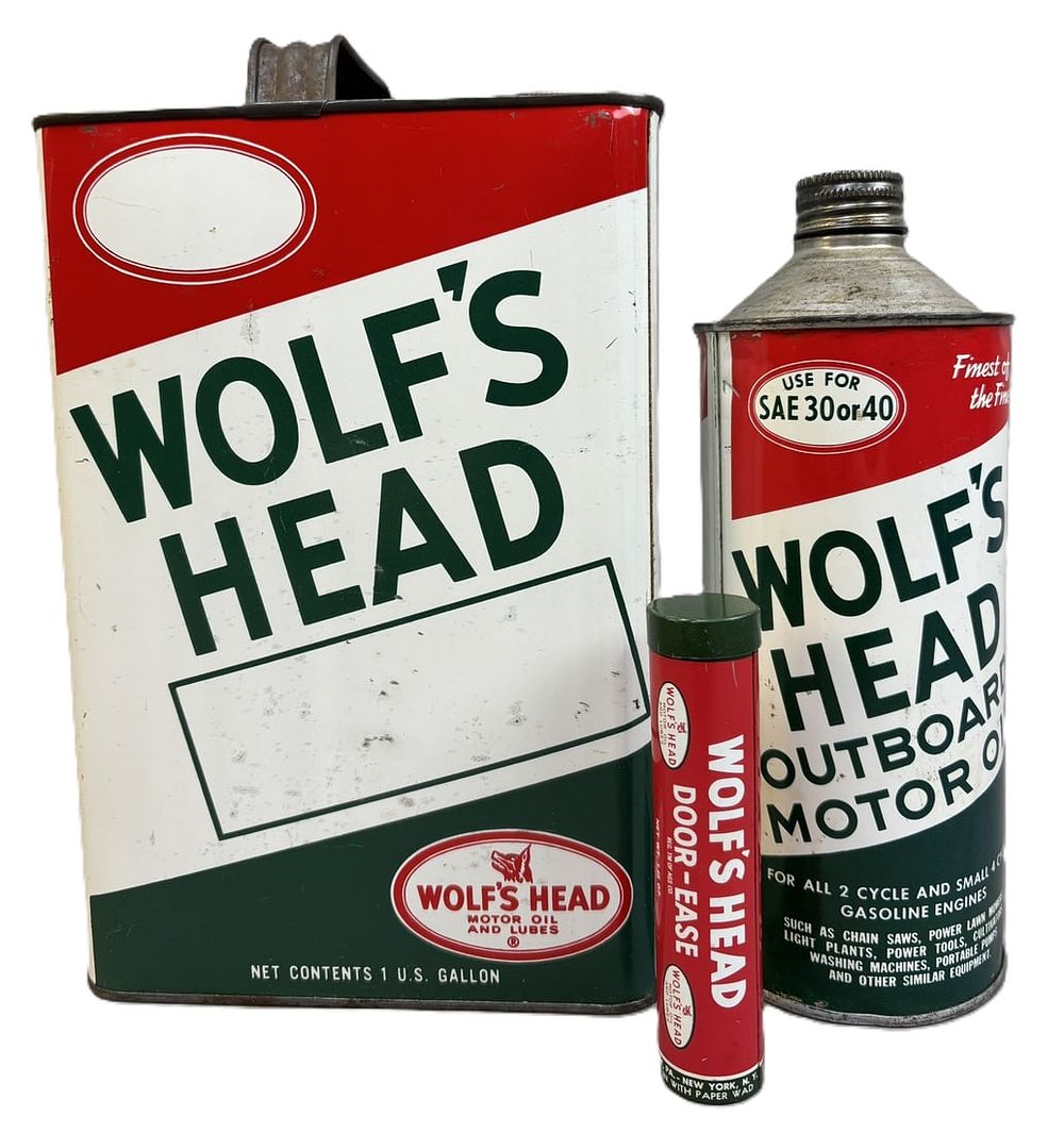 Lot 325: Lot 3 Wolf's Head Motor Oil Cans 1 Gallon, Door Ease & Outboard Cone Top