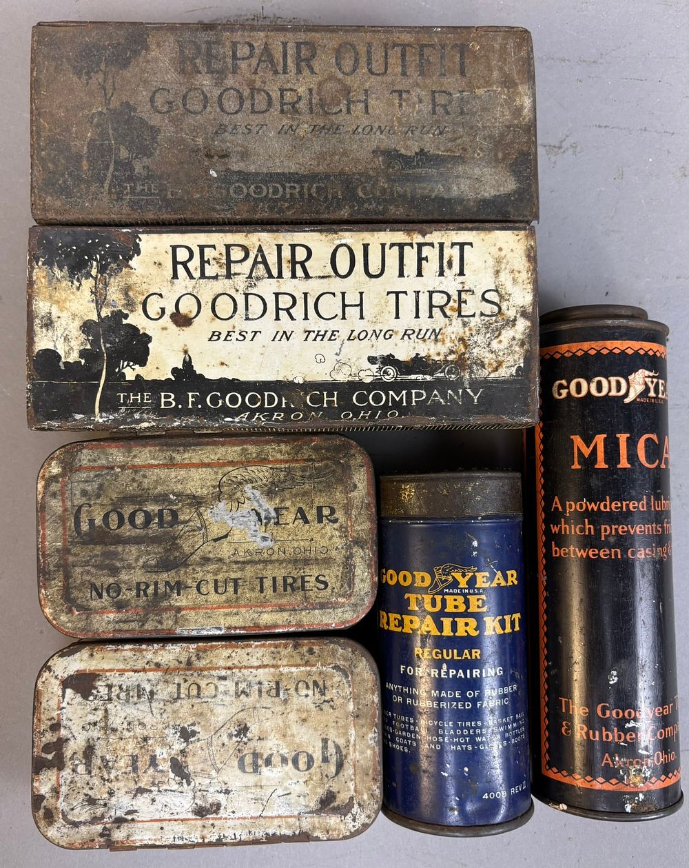 Lot 341: Lot 6 Goodrich & Goodyear Tube Repair Kits & Mica Powder