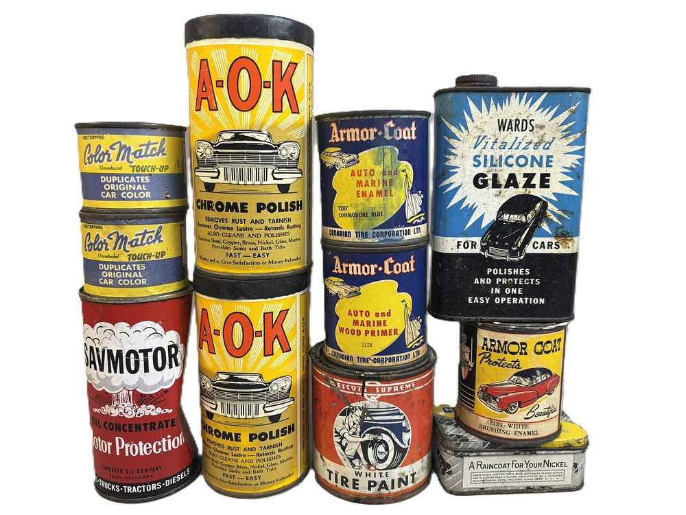 Lot 343: Lot 11 A-O-K Savmotor Tire Paint Armor Coat Automotive 40s-50s Cans