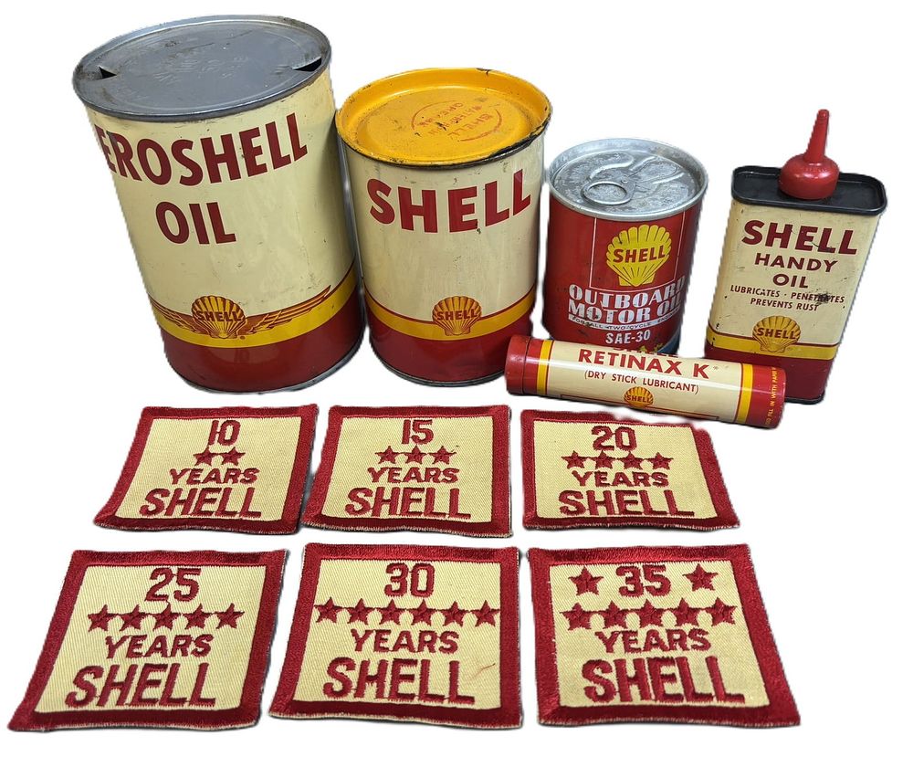 Lot 351: Shell Lot 11 Motor Oil Items: Aeroshell Quart, Grease, Outboard, Oiler & 6 Patches