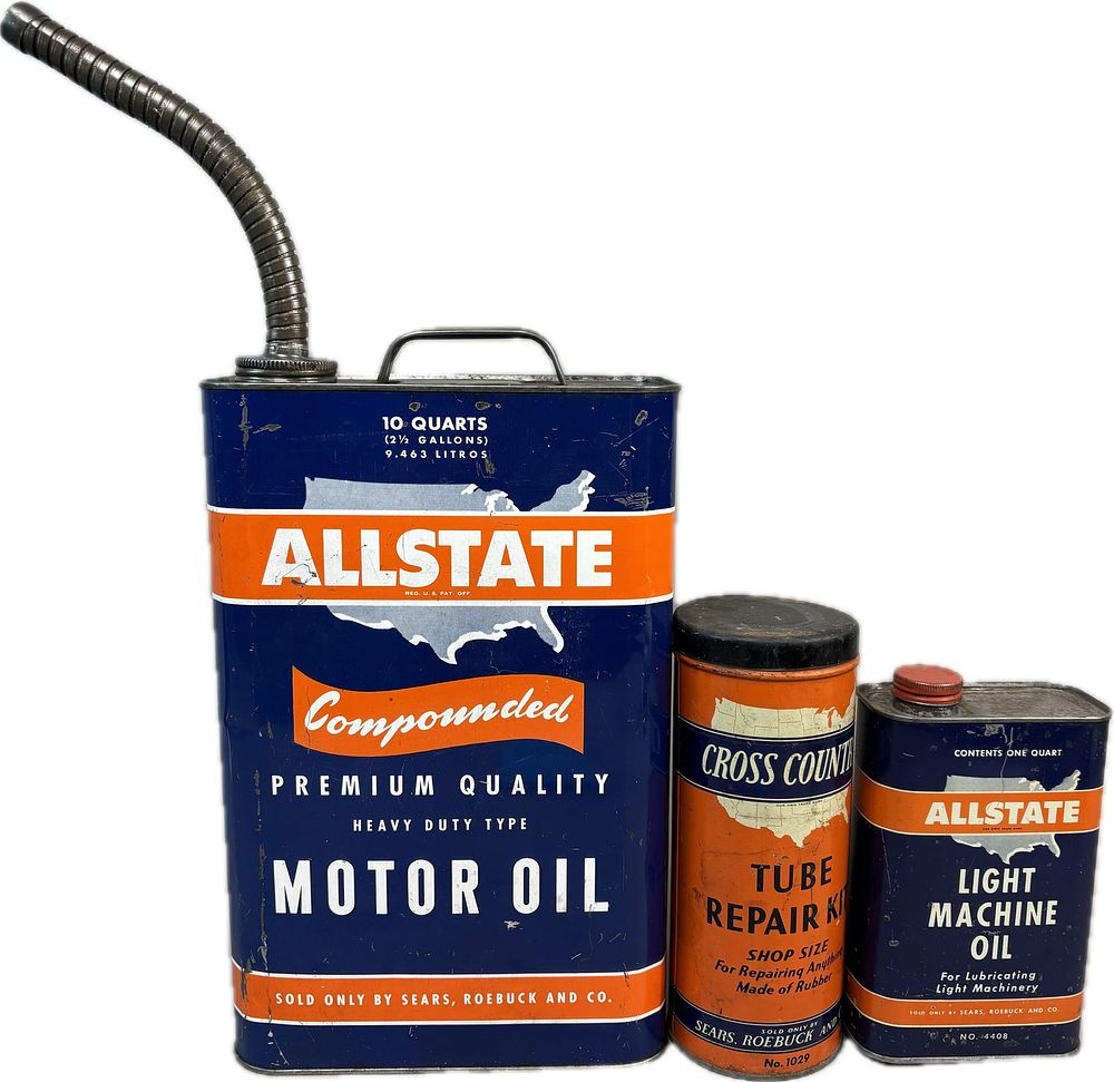 Lot 355: Allstate Lot 3 1 Gallon Tube Repair & Light Machine Motor Oil Cans