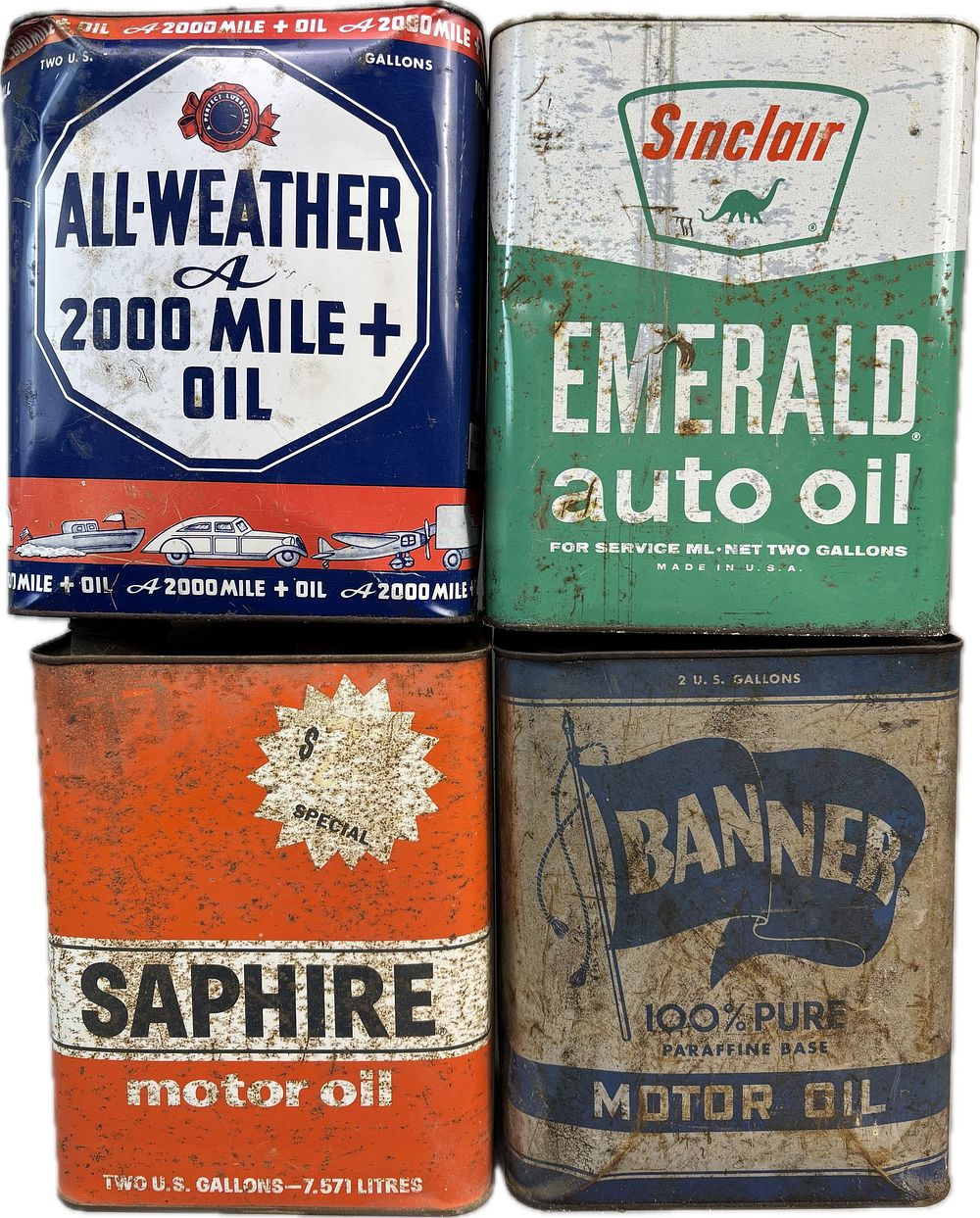 Lot 356: Sinclair Gulf Banner & All Weather 2000 Mile 2 Gallon Motor Oil Cans