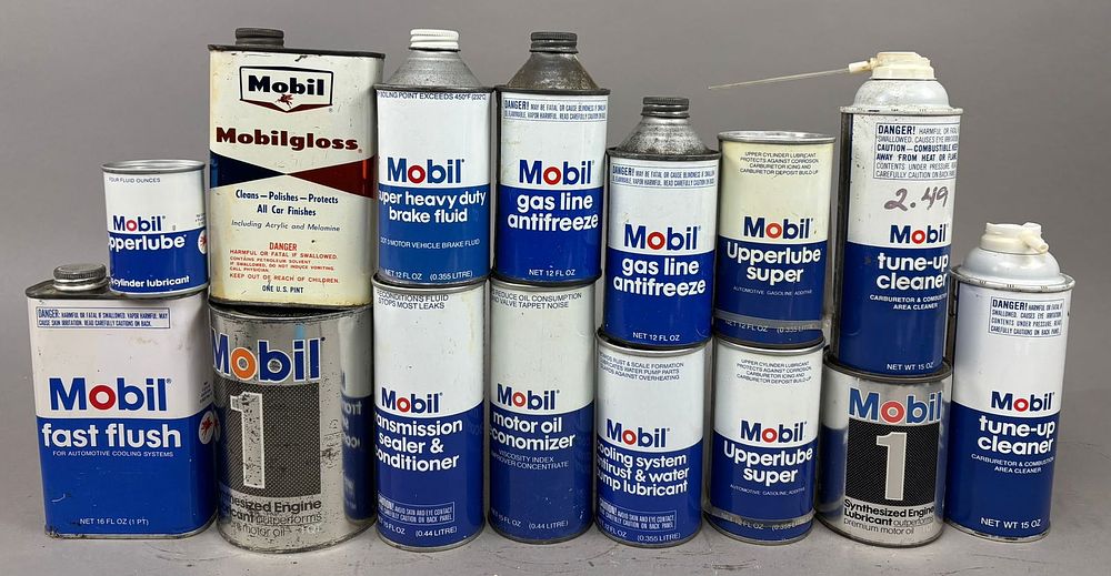 Lot 358: Mobil Oil 50s 60s 70s Lot 15 Metal Flat & Cone Top Brake Fluid Oil Cans