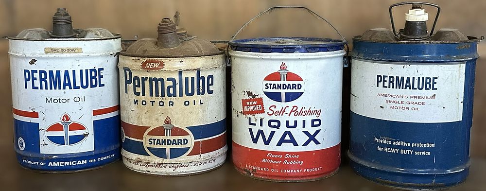 Lot 365: Lot 4 Standard Oil Permalube Self Polishing Liquid Wax 5 Gallon Motor Oil Cans