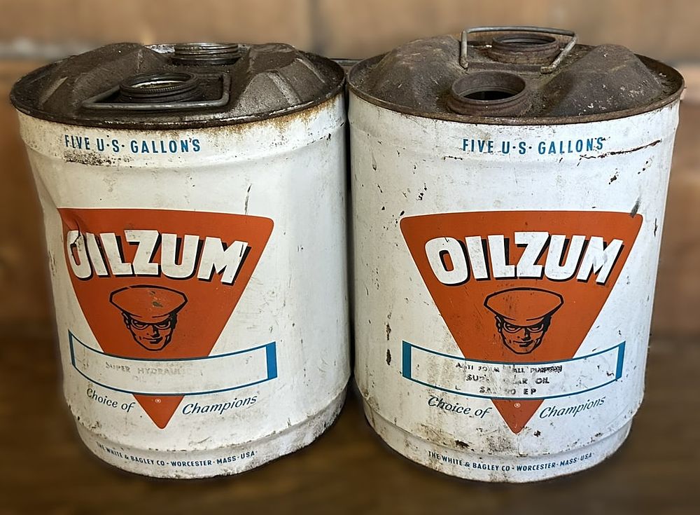 Lot 366: Oilzum Pair 1960s 5 Gallon Motor Oil Cans w/ Oswald