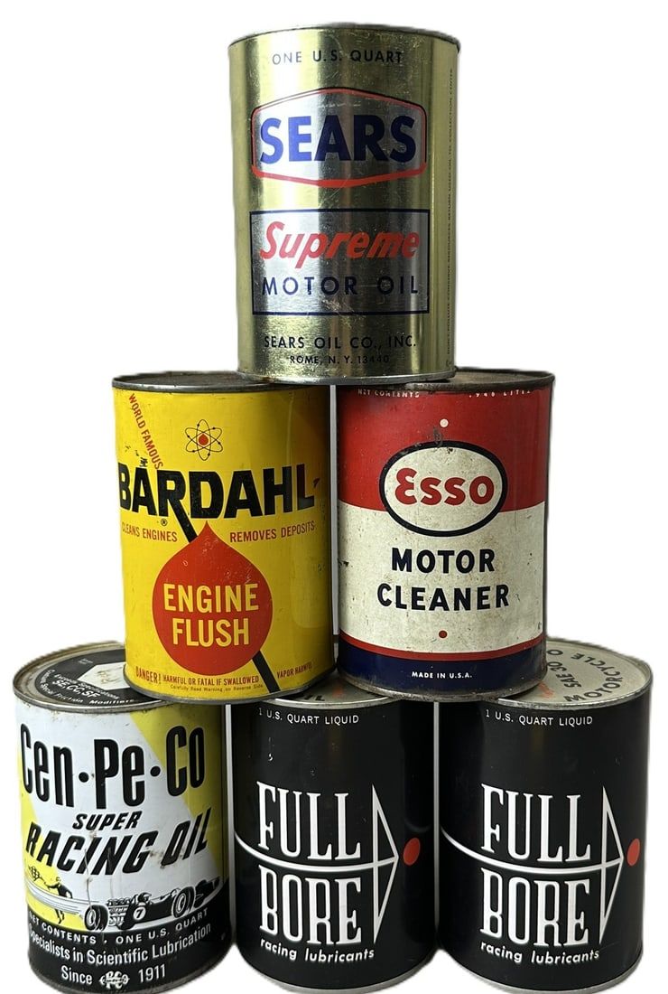 Lot 369: Lot 6 Sears Bardahl Esso Cen-Pe-Co Full Bore Metal Motor Oil Quart Cans