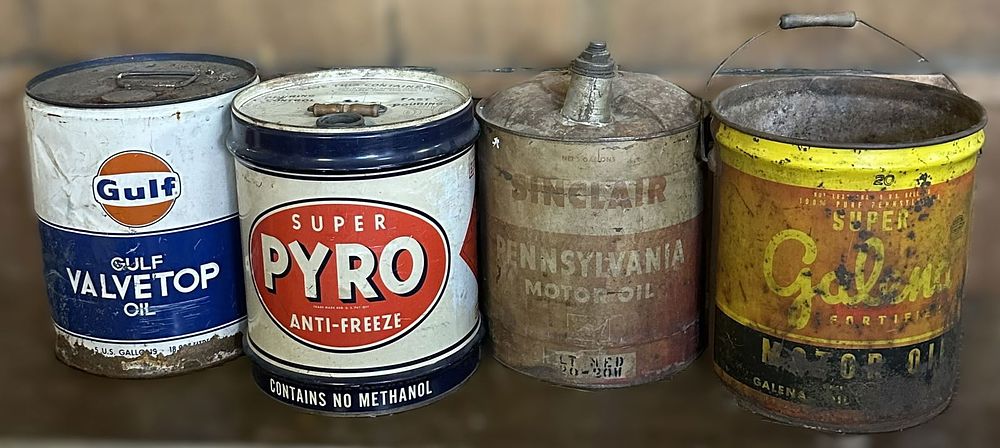Lot 371: Lot 4 Gulf Sinclair Galena Super Pyro Motor Oil Anti Freeze 5 Gallon Cans