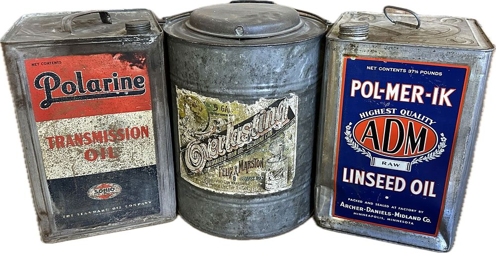 Lot 371B: Lot 3 Polarine Pol-Mer-Ik Overlasting Antique 5 Gallon Motor Oil Cans