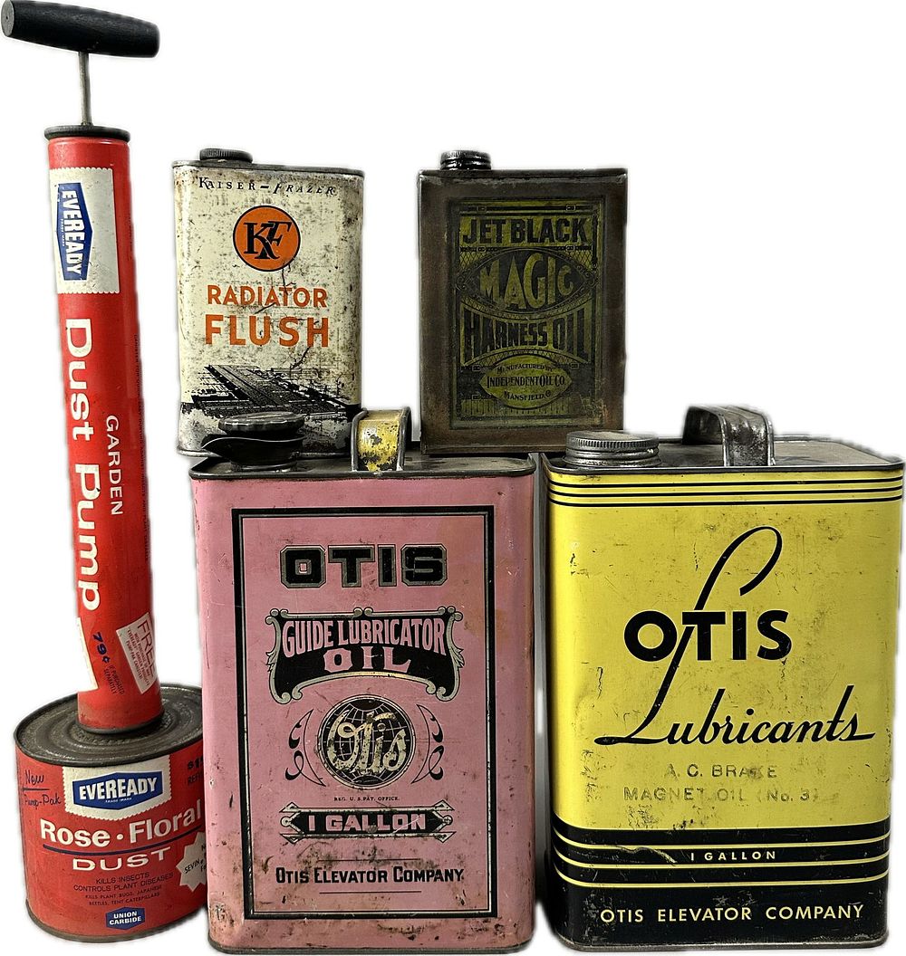Lot 373: Antique Can Lot 5 Otis Elevators 1 Gallon Kaiser Frazer Jet Black Eveready