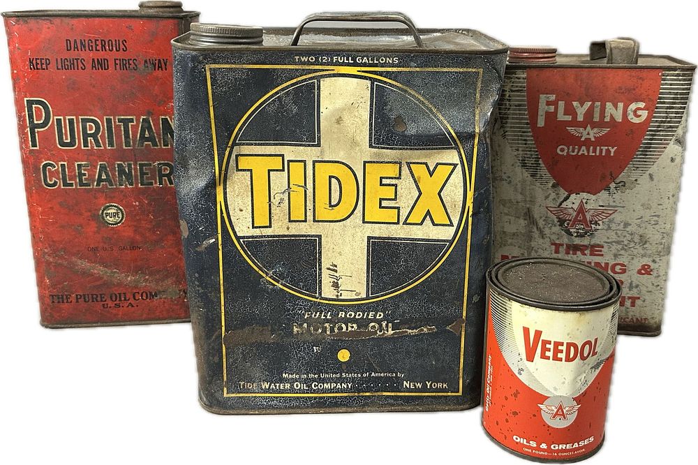 Lot 376: Tidex Flying A Veedol Puritan Cleaner Lot 4 Motor Oil 1 2 Gallon & Grease Can