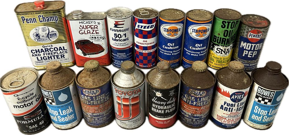 Lot 377: Lot 16 Cone Flat Top Cans Evinrude Mickeys Super Glaze Penray Bowes & More