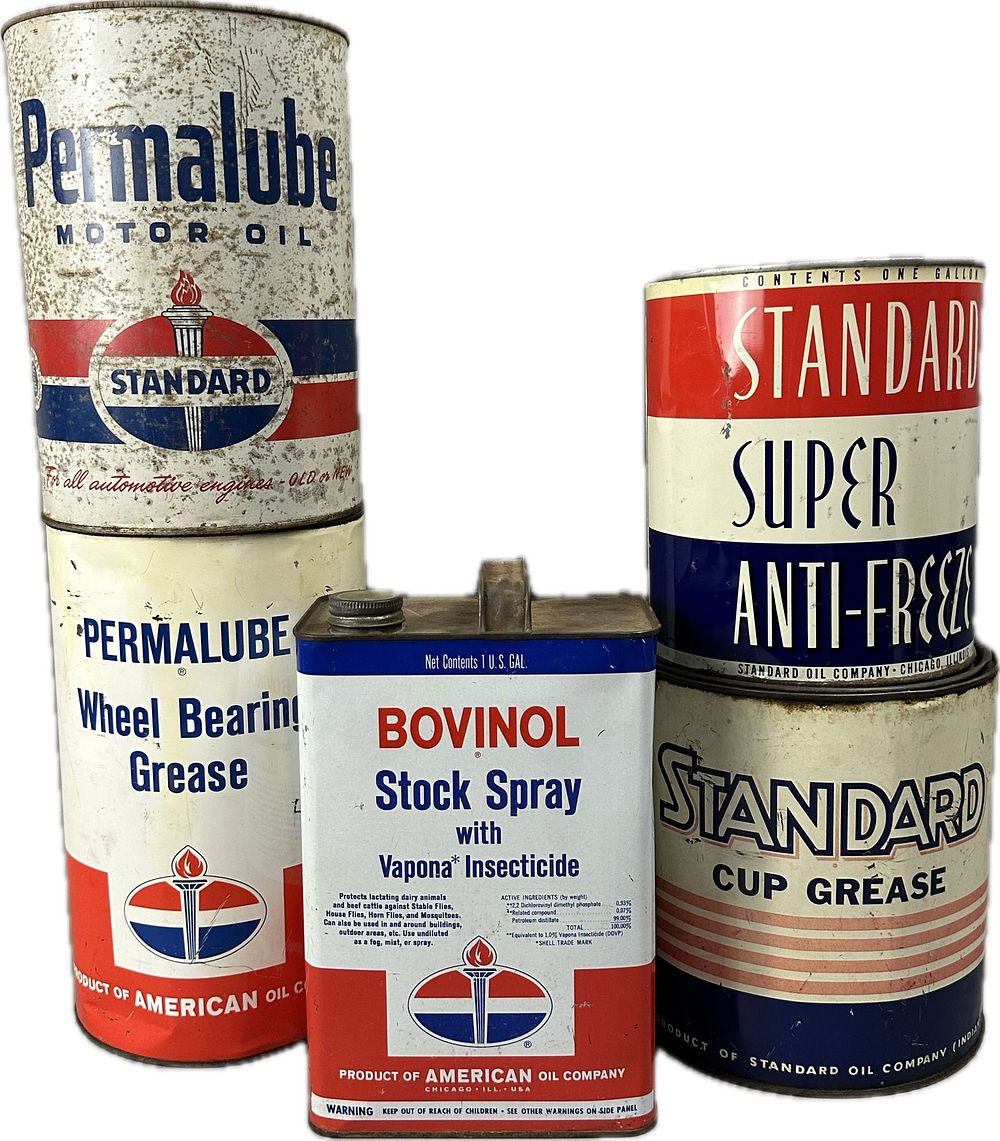 Lot 382: Standard Oil Bovinol Super Anti Freeze Permalube 5 Quart 1 Gallon Motor Oil Cans