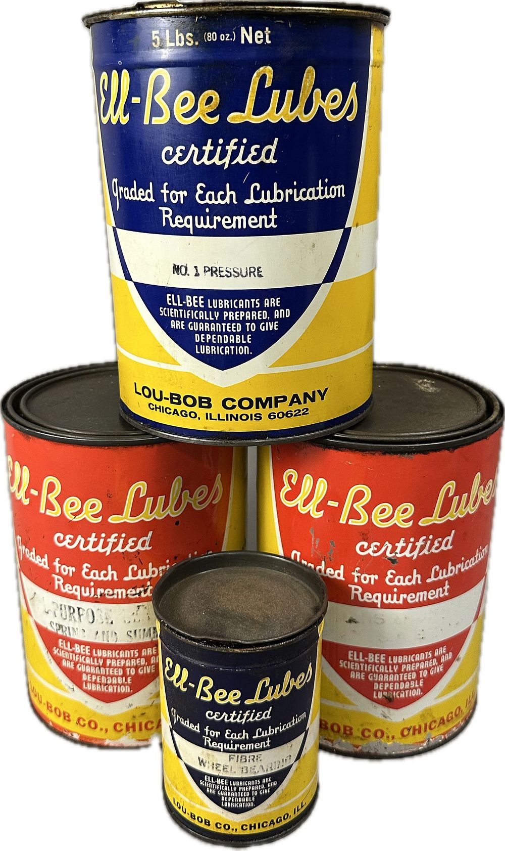 Lot 384: Lot 4 El-Bee Lube Lou Bob Grease 1 & 5lb Cans Chicago Illinois
