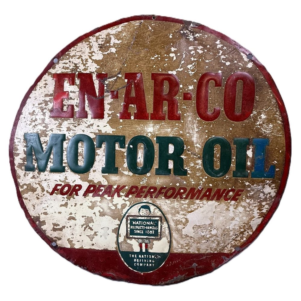 Lot 398: En-Ar-Co Motor Oil 24" Embossed SST Tin Advertising Sign