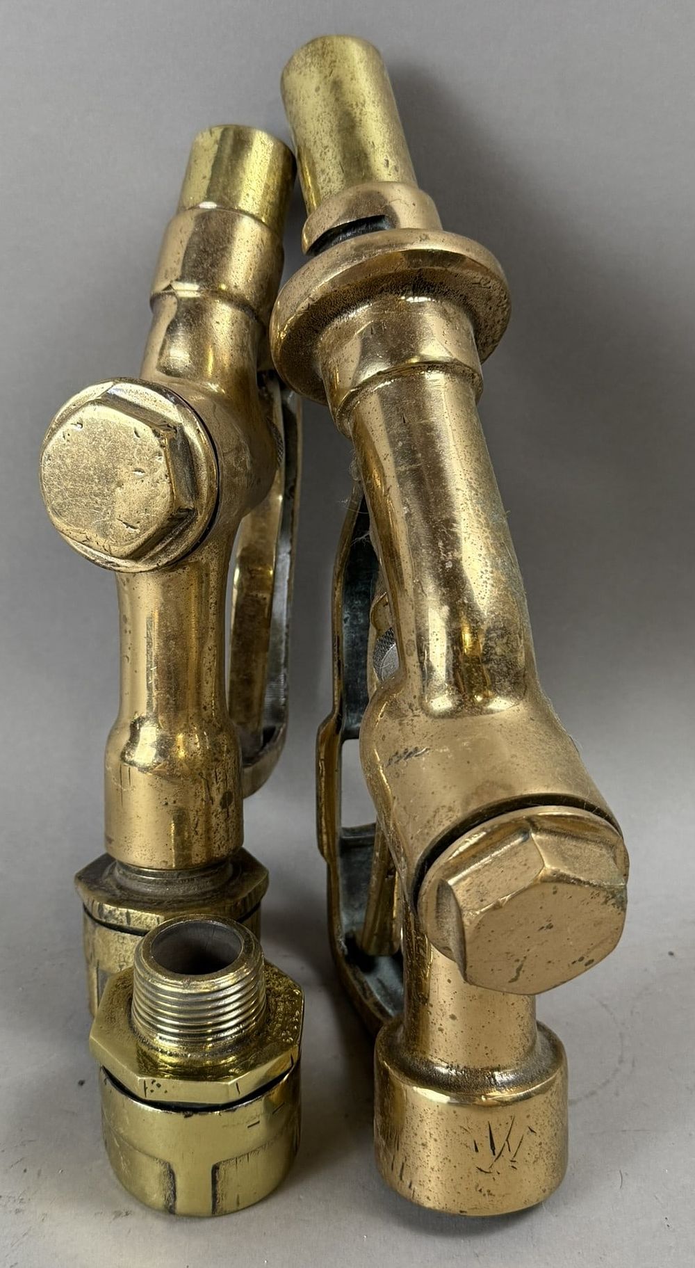 Lot 399: Lot 3 Solid Brass Fully Polished Gas Pump Nozzles Handle