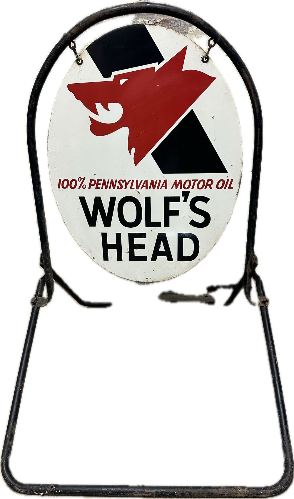 Lot 408: Wolf's Head Motor Oil 1970 DST Tin Curbside Swinging Sign