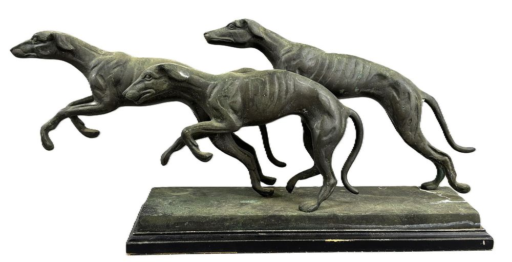 Lot 164: Antique Early 20th Century Bronze Set Whippets w/ Marble Base
