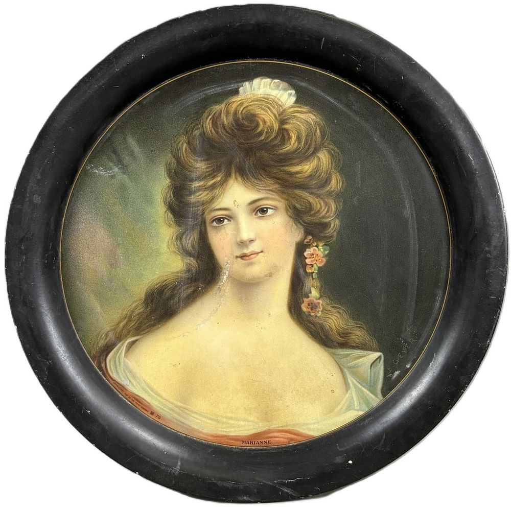 Lot 165: Antique 13" Tin Litho Marianne Advertising Charger Plate