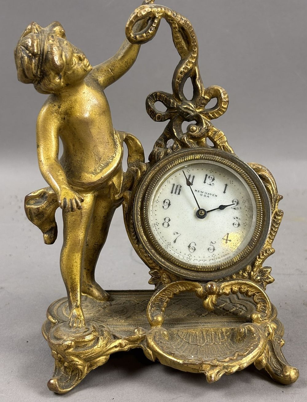 Lot 168: Antique Early 1900s New Haven Conn Brass Clock w/ Cherubs