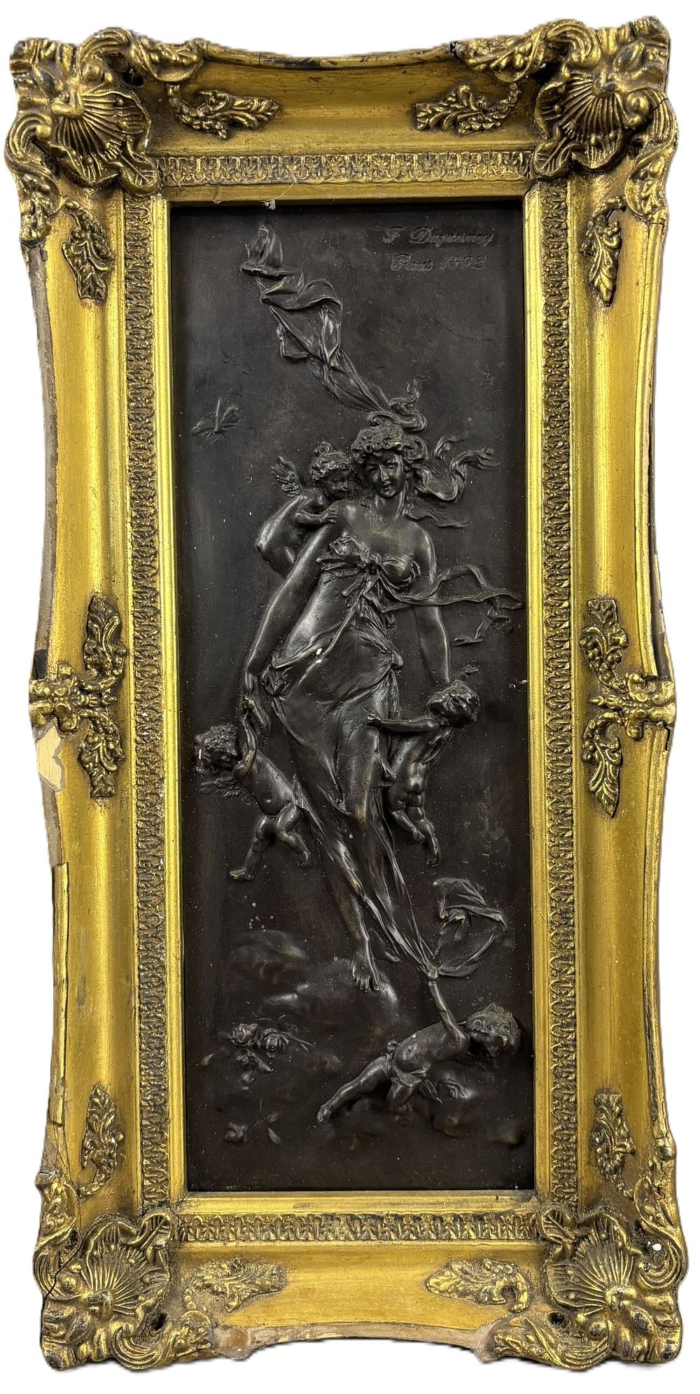 Lot 178: Francois Duquesnoy Neoclassical Venus & Cupid 1892 Paris Framed Bronze w/ Gilt Frame