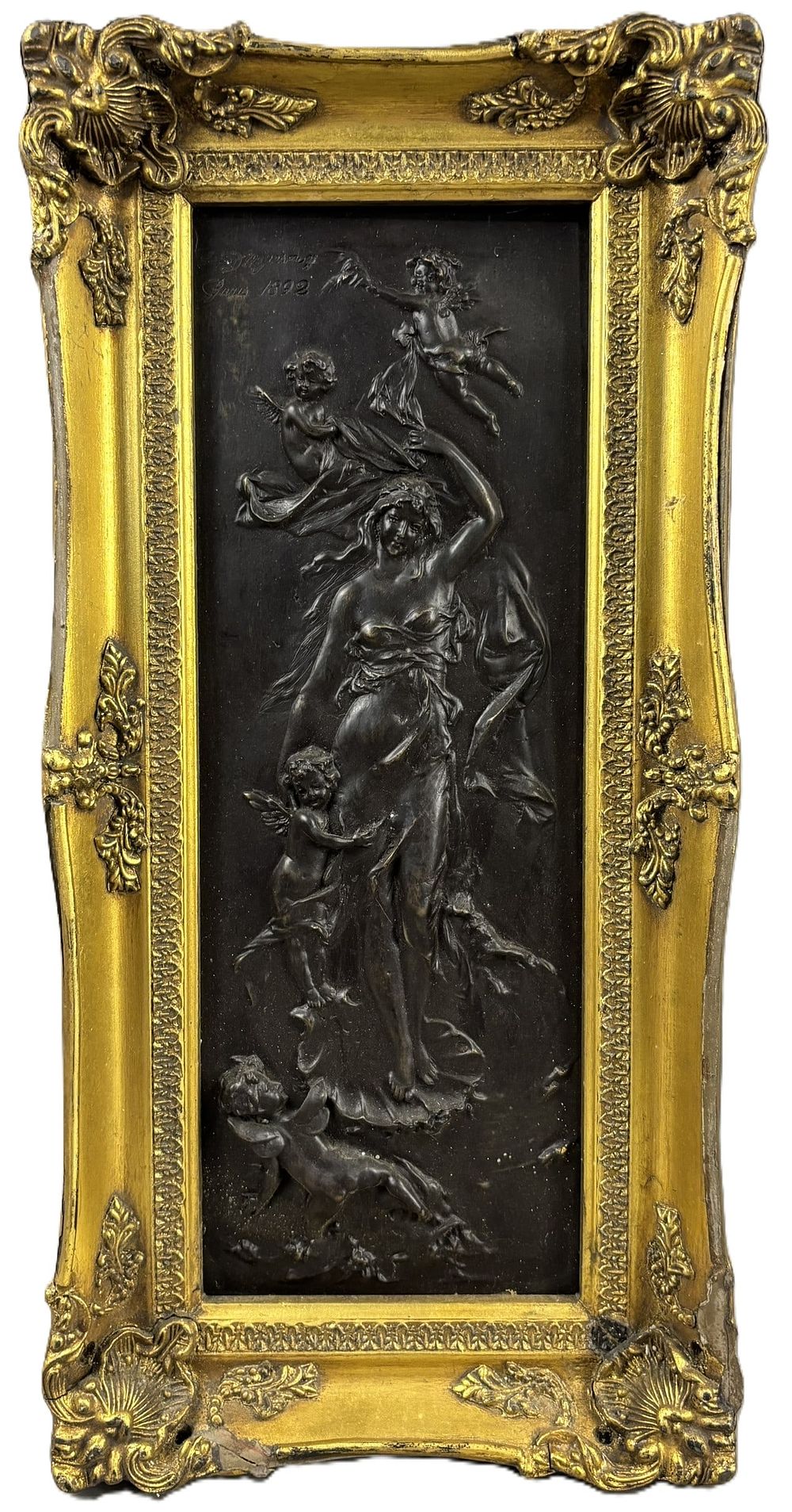 Lot 179: Francois Duquesnoy Neoclassical Venus & Cupid 1892 Paris Framed Bronze w/ Gilt Frame
