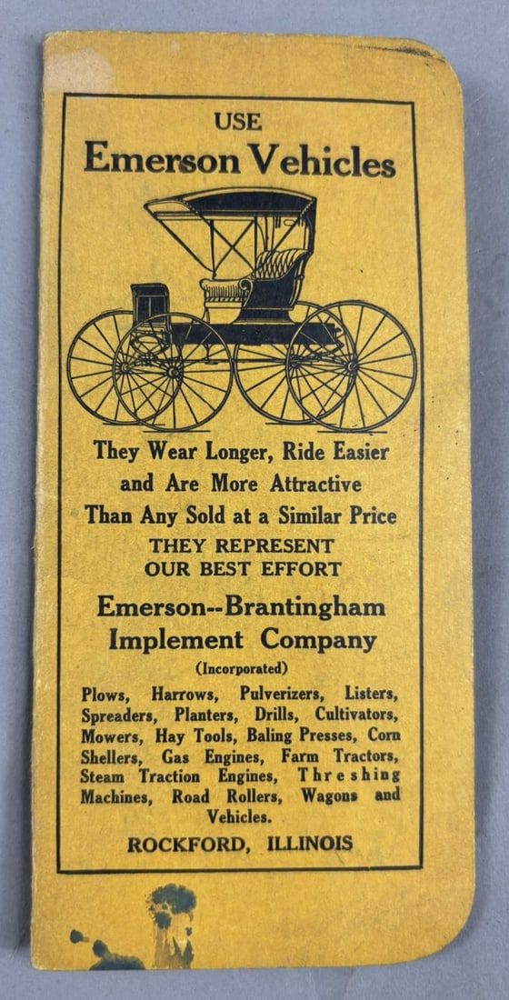 Lot 195: Emerson Vehicles Rockford Illinois 1890s Buggy Pocket Advertising Ledger