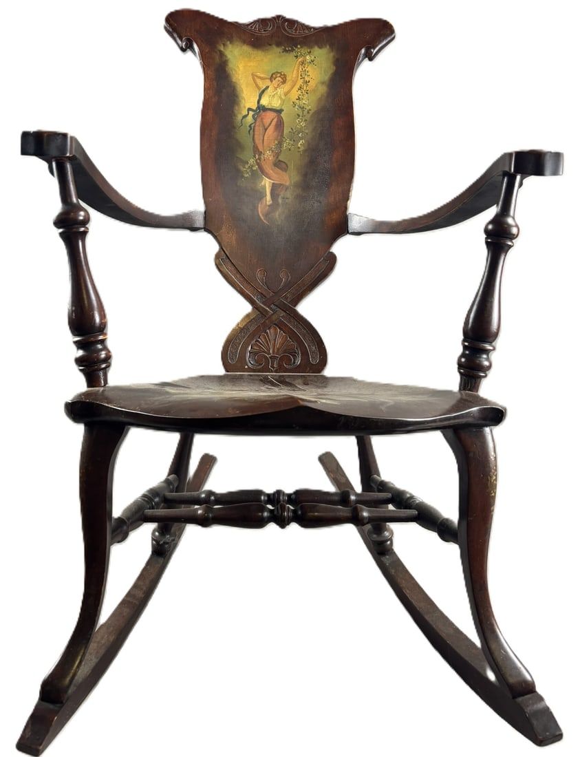 Lot 197: Antique 19th Century Hand Painted Victorian Woman Rocking Chair