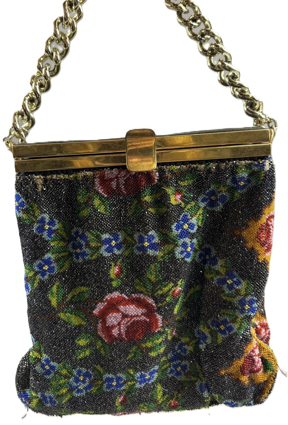 Lot 198: Antique Victorian Beaded Purse w/ Floral Roses Motif & Heavy Braided Chain