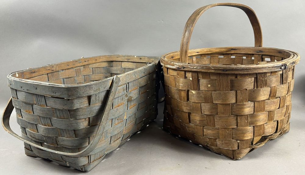Lot 200: Pair Antique Early Woven Fruit Produce Wooden Baskets Grey Painted