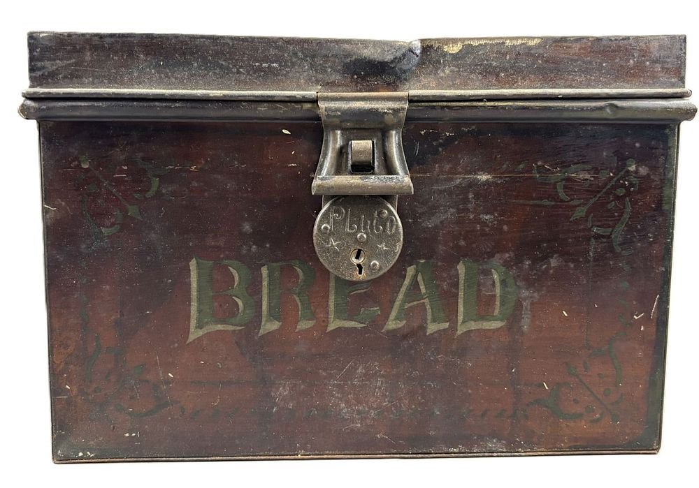 Lot 201: Antique Red Painted Metal Bread Box w/ Pluto Lock