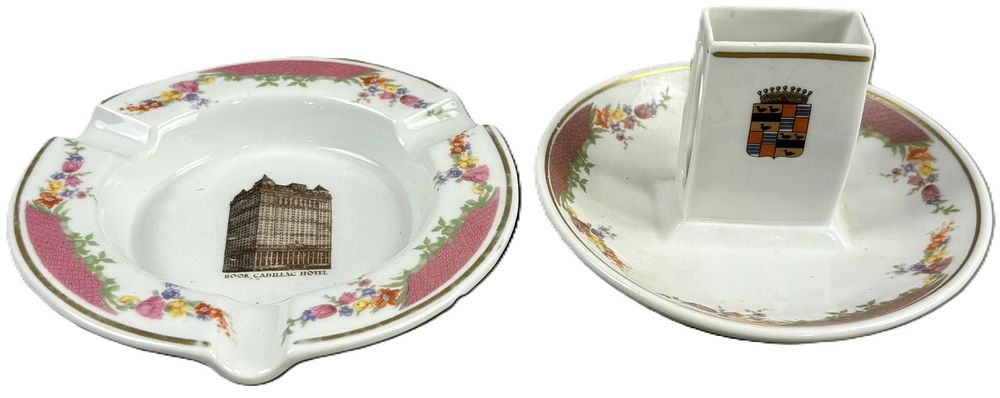 Lot 240: Pair Book  Cadillac Detroit Hotel Cigarette Ashtrays Fraunfelter China Albert Pick & Co