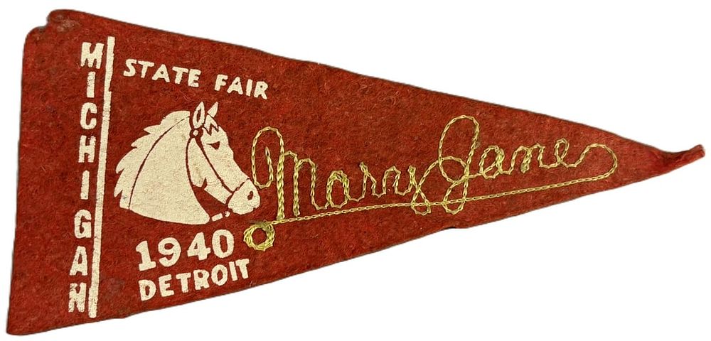 Lot 252: Michigan State Fair 1940 Horse Riding Felt 9" Pennant Chain Stitched Mary Jane