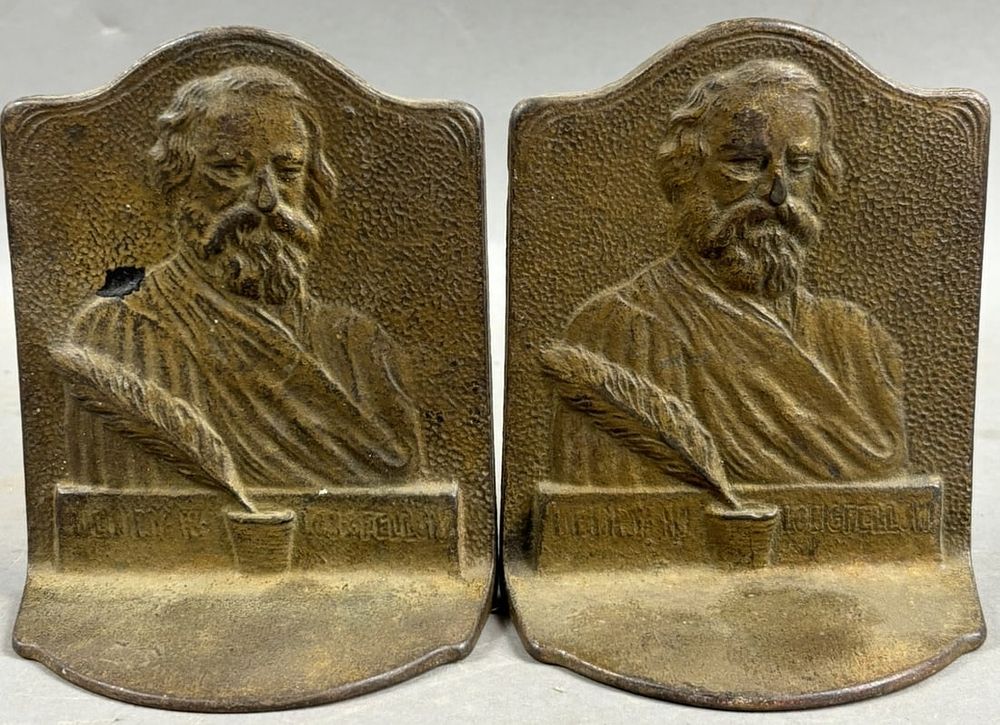 Lot 255: Pair 19th Century Longfellow Cast Iron Painted Bronze Bookends