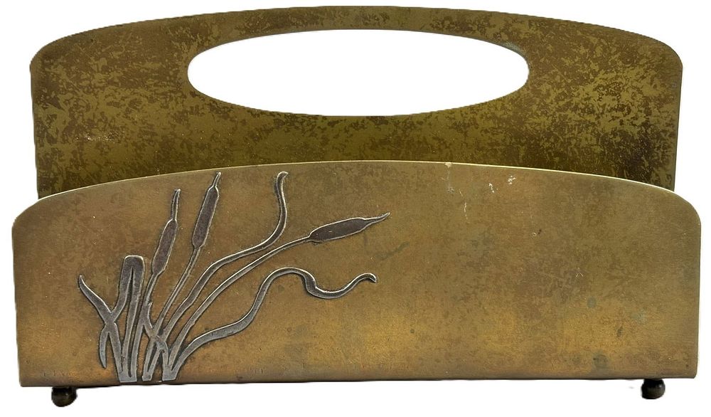 Lot 256: Arts & Crafts Heintz Metal Shop Pat'd 1912 Sterling Bronze Napkin Holder w/ Cattails