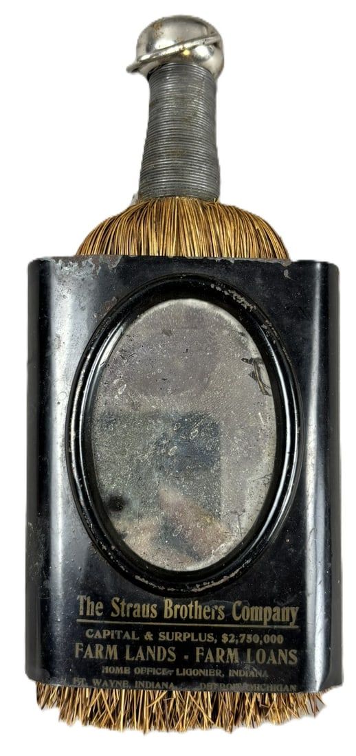 Lot 270: Straus Brothers Co Tin Litho Farm Lands Loans Indiana Advertising Brush Holder w/ Mirror