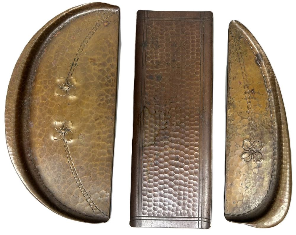Lot 276: Arts & Crafts Lot 3 Original Butter Dish & Hand Hammered Crumber Trays
