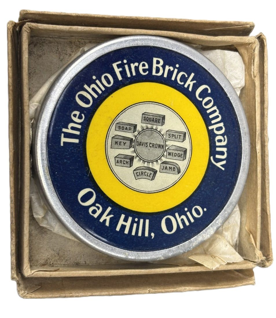 Lot 281: The Ohio Fire Brick Co Davis Crown Oak Hill NOS Cellulloid Advertising Paperweight w/ Boxq