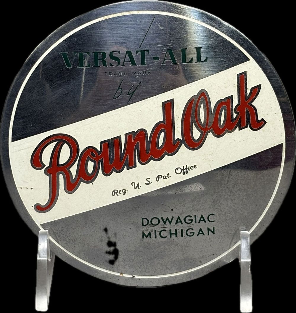 Lot 282: Antique Round Oak Versat-All Dowagiac Michigan Tin 3.625" Stove Advertising Sign