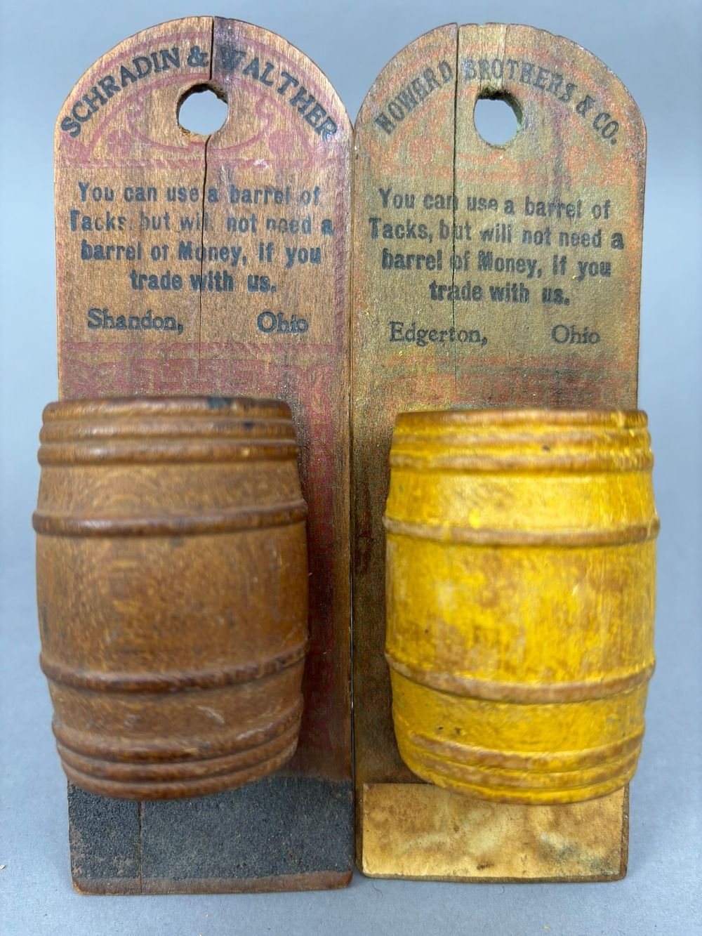 Lot 287: Pair Shandon & Edgerton Ohio Wooden Advertising Match Strikes Barrel Wall Holder