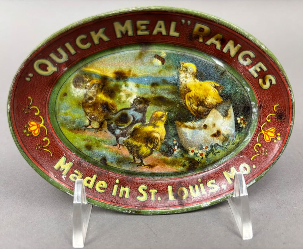 Lot 291: Antique Quick Meal Ranges Tin Litho St Louis MO Advertising Tip Tray