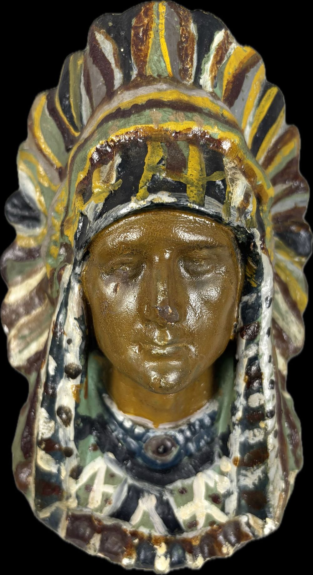 Lot 301: Antique Early 1900s Hand Painted Plaster Native America w/ Headdress Planter