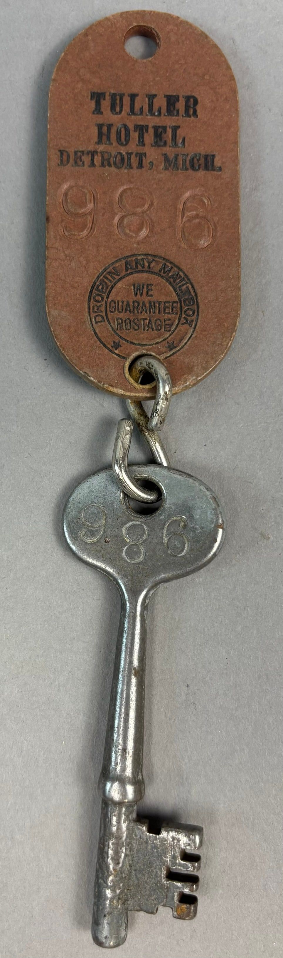 Lot 310: Tuller Hotel Detroit Michigan Stamped Fiber Keychain w/ Skeleton Key Room 986