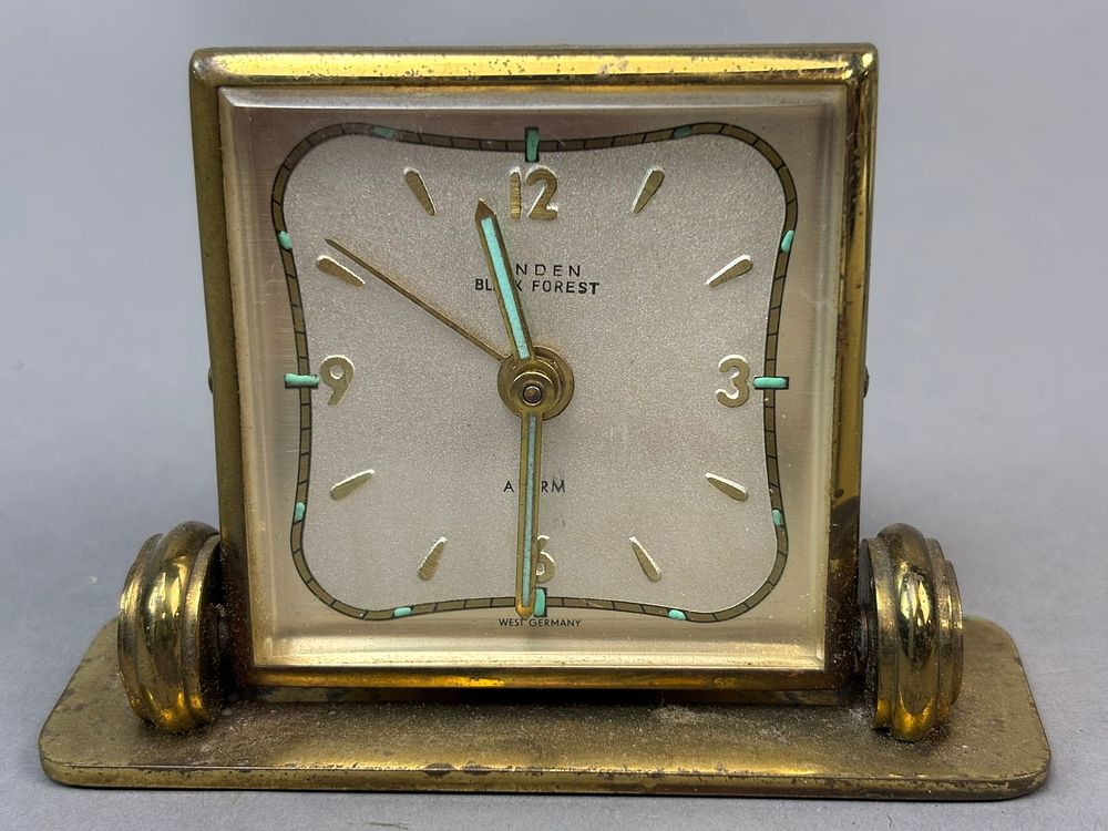 Lot 314: Linden Black Forest West Germany Alarm Clock w/ Uranium Glass Hands