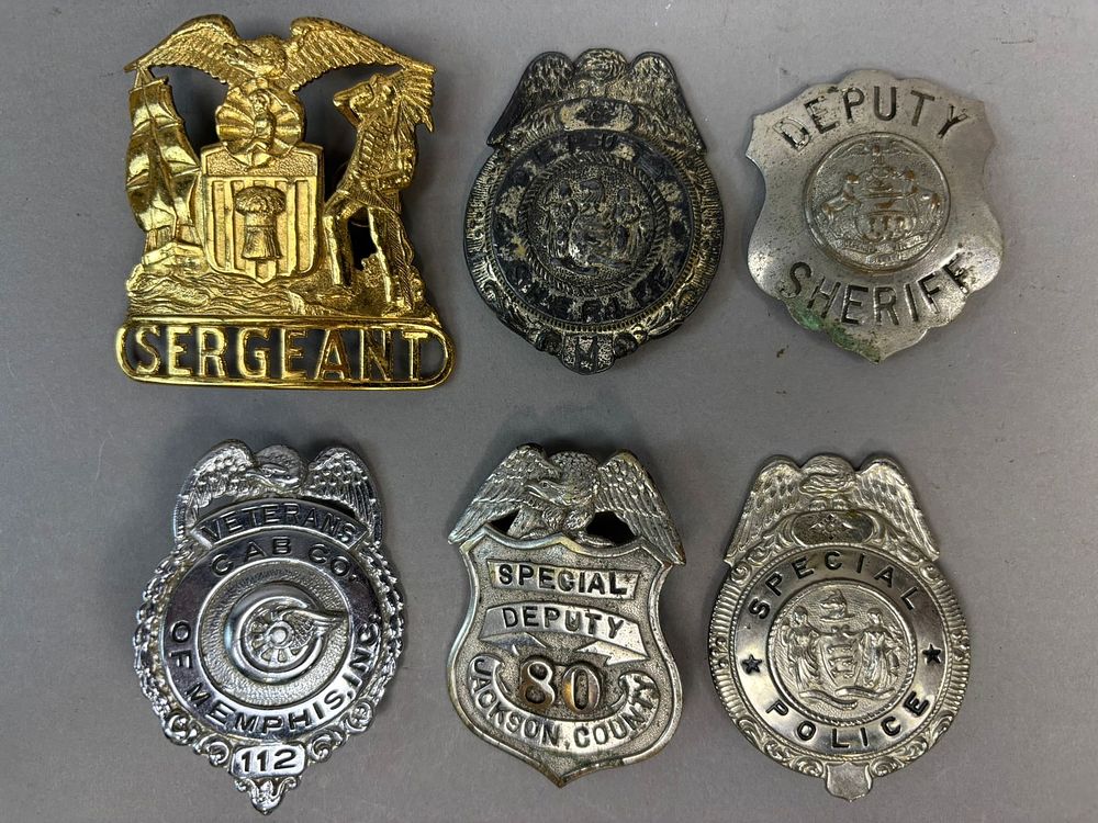 Lot 332C: Lot 6 Original Police Badges Special Deputy Jackson County Sergeant & More