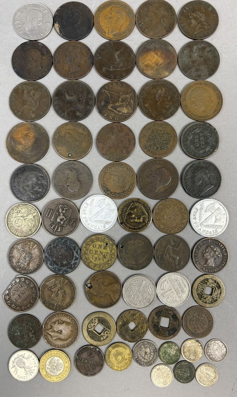 Lot 333A: Antique Lot 60 1800s US & Foreign Large 1 Cent Penny Centavos